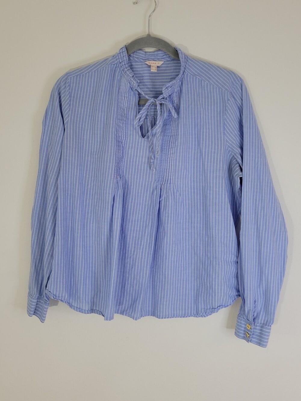 Esprit Blue and White Striped Top with Gold Logo Plate Women Size M.